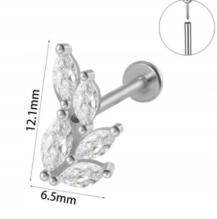 Kolczyk PIERCING Labret z Cyrkoniami Kształt Liścia Stal  (2)
