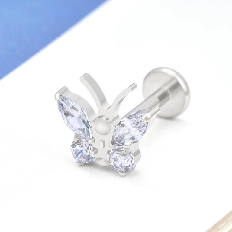 Tytanowy Kolczyk Labret PIERCING Motyl Cyrkonie HELIX Lobe (3)
