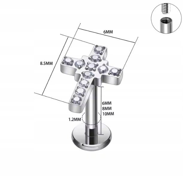 Tytanowy Kolczyk Labret PIERCING Cyrkonie KRZYŻ KRZYŻYK HELIX Lobe (3)