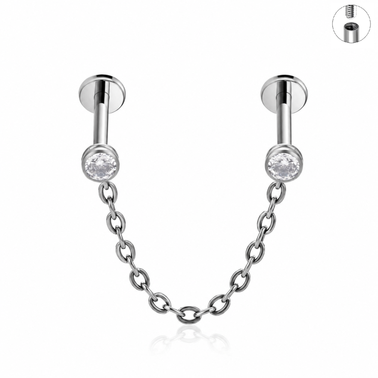 Tytanowy Kolczyk Labret PIERCING z Łańcuszkiem i Kryształkami HELIX Lobe (1)