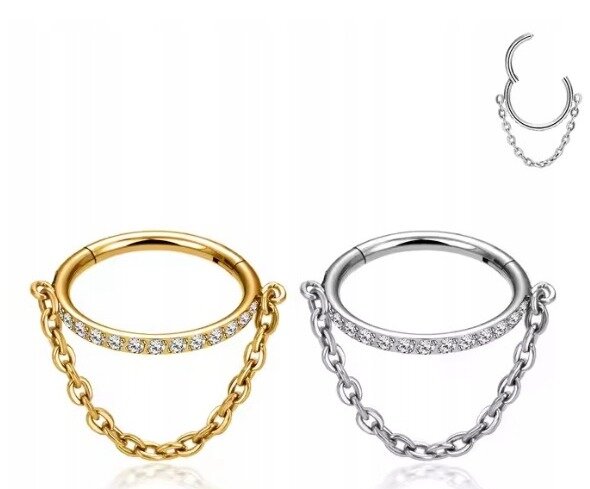 Tytanowy Kolczyk Clicker PIERCING z Łańcuszkiem Cyrkonie HELIX Lobe 1,2/8-10 (4)