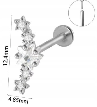 Srebrny Kolczyk PIERCING Labret z Gwiazdką Cyrkonie Stal Ch 316L 1,2/8 (2)
