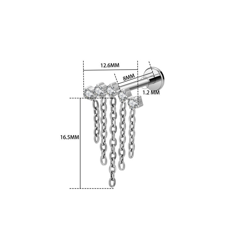 Tytanowy Kolczyk Labret PIERCING z Cyrkoniami i Łańcuszkami HELIX Lobe (2)