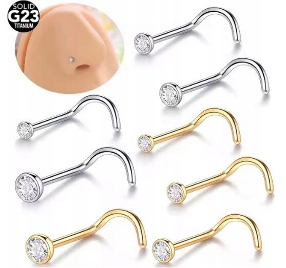 Tytanowy SREBRNY Kolczyk do Nosa z Cyrkonią NOSTRIL PIERCING 0,8/7/2-3 mm (3)