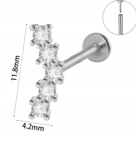Srebrny Kolczyk PIERCING Labret z Cyrkoniami Stal Ch 316L 1,2/8 (2)