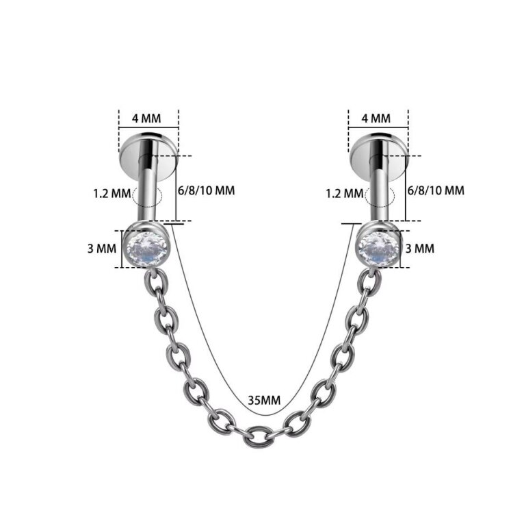 Tytanowy Kolczyk Labret PIERCING z Łańcuszkiem i Kryształkami HELIX Lobe (2)
