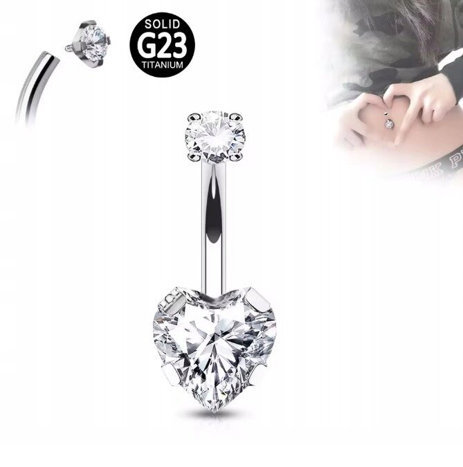 Tytanowy Kolczyk do Pępka z Serduszkiem Cyrkonie PIERCING 1,6/10/8+5 (1)