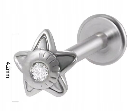 Srebrny Kolczyk PIERCING Labret z Gwiazdką Kryształek Stal Ch 316L 1,2/8 (2)