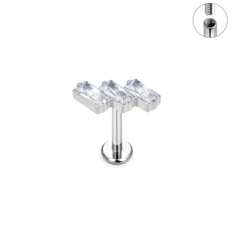  Tytanowy Kolczyk Labret PIERCING 3 cyrkonie prostokątne HELIX Lobe (1)