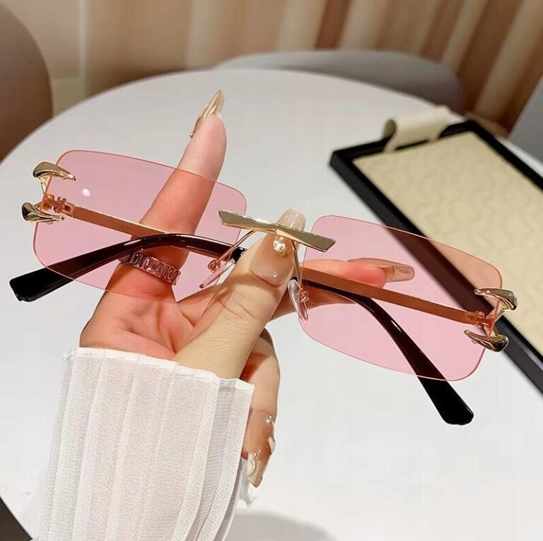 Okulary Przeciwsłoneczne Damskie bez oprawek Różowe Złote Prostokątne (4)