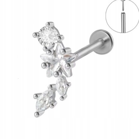 Srebrny Kolczyk PIERCING Labret z Gwiazdką Cyrkonie Stal Ch 316L 1,2/8 (1)