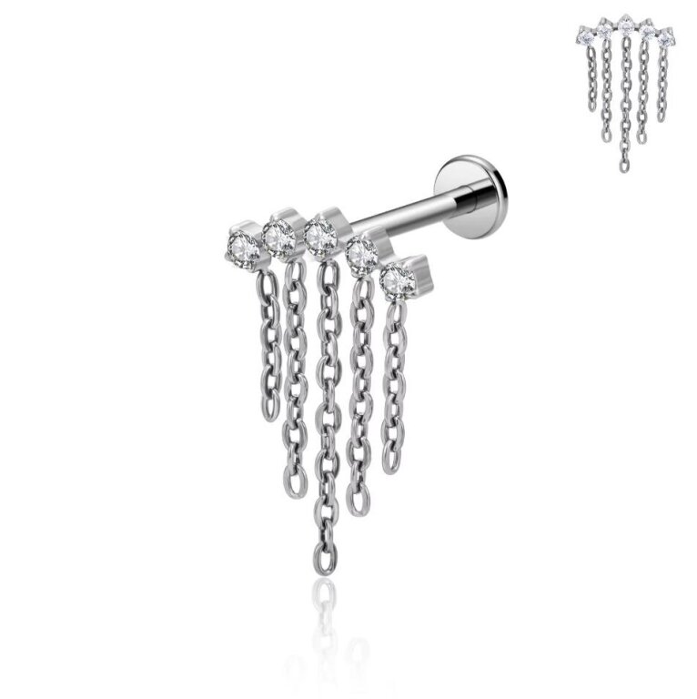 Tytanowy Kolczyk Labret PIERCING z Cyrkoniami i Łańcuszkami HELIX Lobe (1)