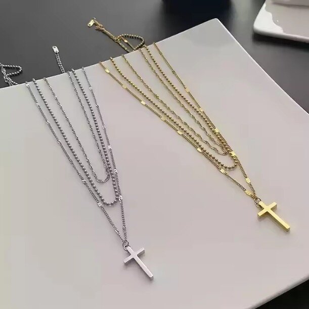 Trójwarstwowy Naszyjnik Krzyż Krzyżyk Koraliki Różaniec STAL CHIRURGICZNA (4)