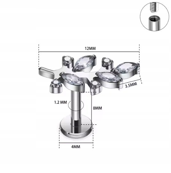 Tytanowy Kolczyk Labret PIERCING z Cyrkonią Liść Listek HELIX Lobe (2)