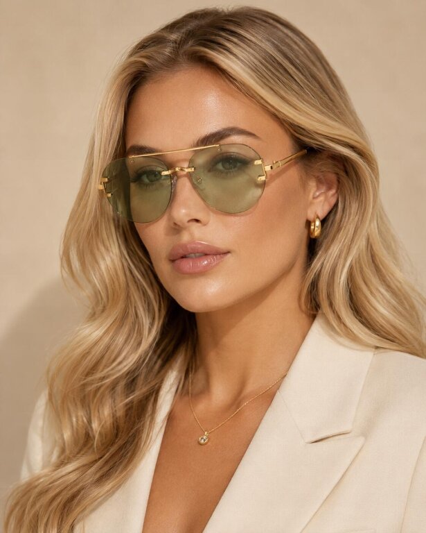 Okulary Przeciwsłoneczne Złote Zielone Bez Ramkowe Pilotki UV400 Unisex (2)