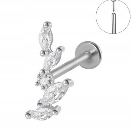 Srebrny Kolczyk PIERCING Labret z Cyrkoniami Listek Liść Stal Ch 316L 1,2/8 (1)