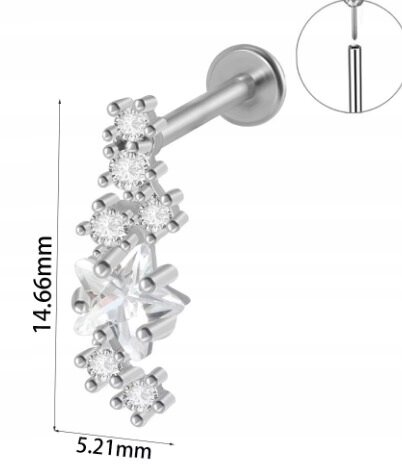 Srebrny Kolczyk PIERCING Labret z Gwiazdką i Cyrkoniami Stal Ch 316L 1,2/8 (2)