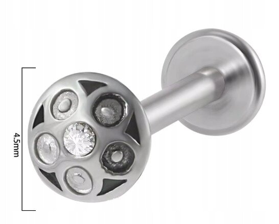 PIERCING Srebrny Kolczyk Labret Okrągły Kształt Cyrkonia Stal Ch 316L 1,2/8 (2)