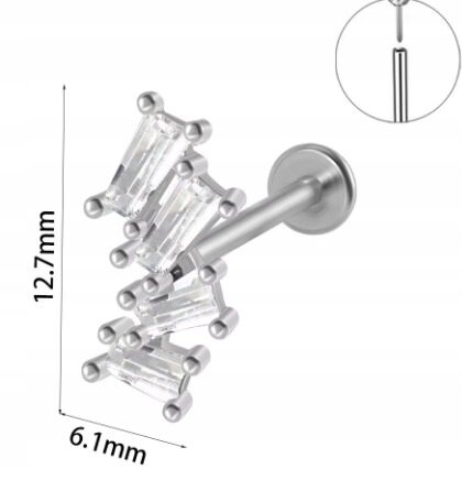 Srebrny Kolczyk PIERCING Labret z Cyrkoniami Stal Ch 316L 1,2/8 (2)