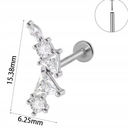 Srebrny Kolczyk PIERCING Labret z Trójkątnymi Cyrkoniami Stal Ch 316L 1,2/8 (2)