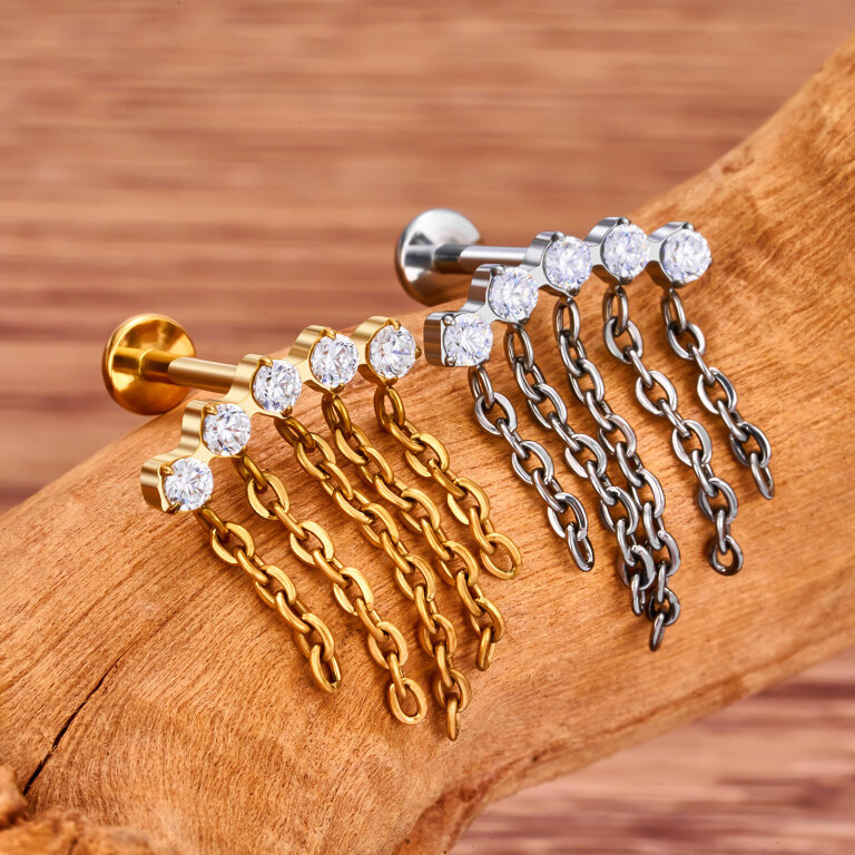 Tytanowy Kolczyk Labret PIERCING z Cyrkoniami i Łańcuszkami HELIX Lobe (4)