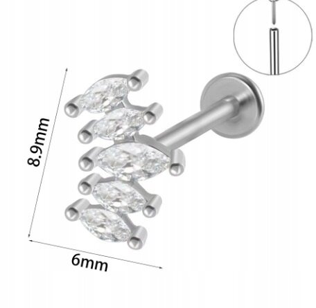 Srebrny Kolczyk PIERCING Labret z Cyrkoniami Stal Ch 316L 1,2/8 (2)